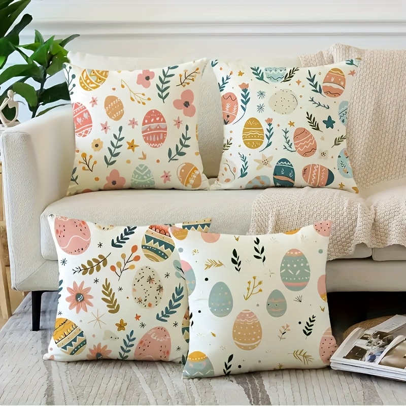 TEMU 4pcs Easter Decorative Pillow Covers - Double-sided Print Retro Pastel Easter Eggs & , Soft Short Plush, Zipper Closure, Machine Washable,