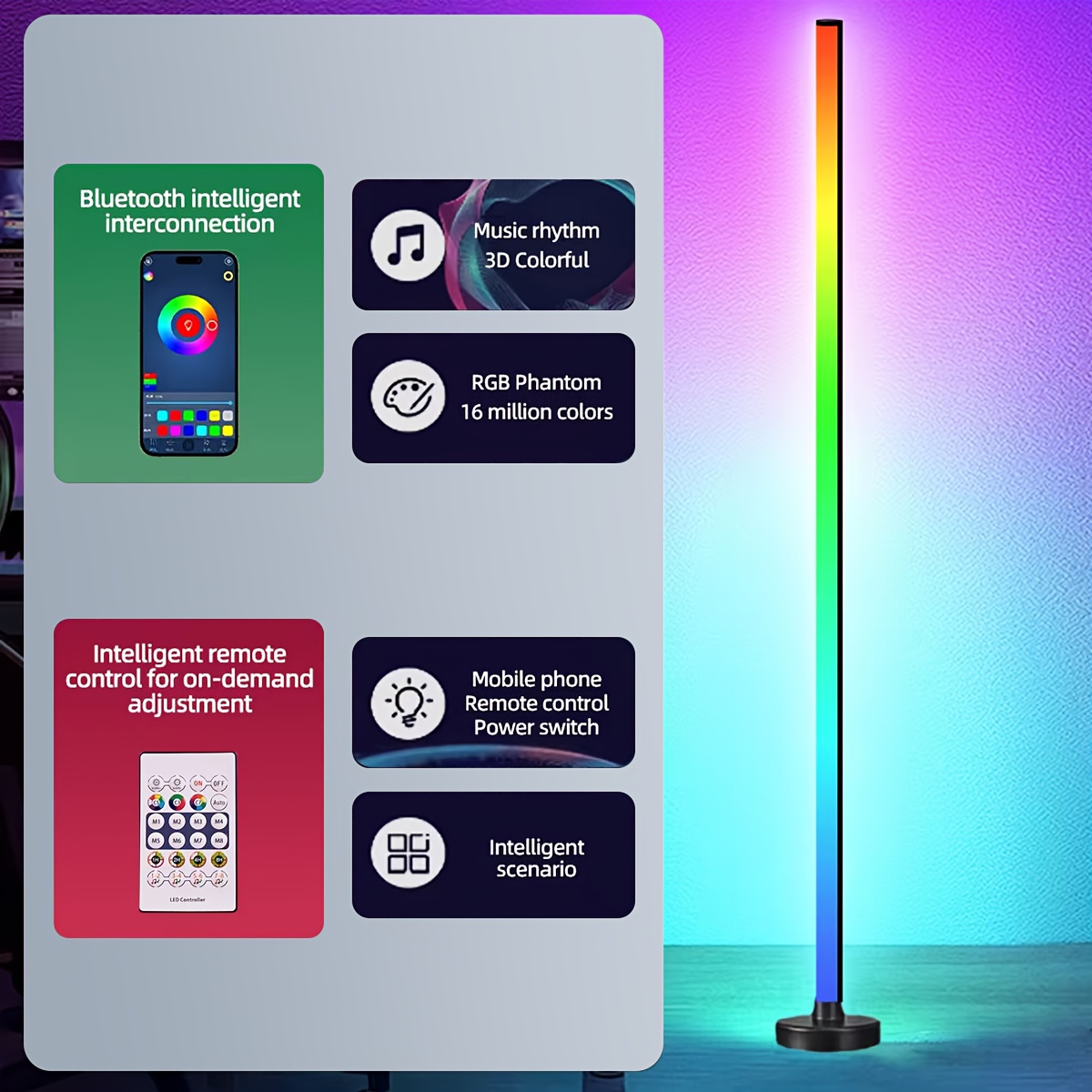 A Smart Color-Changing Floor Lamp, LED Corner Light with Music Synchronization, Controls The Ambient Lighting - Powered by USB, Suitable for Bedrooms, Living Rooms, And Gaming Areas - Adjustable Brightness, Modern Ambiance Light