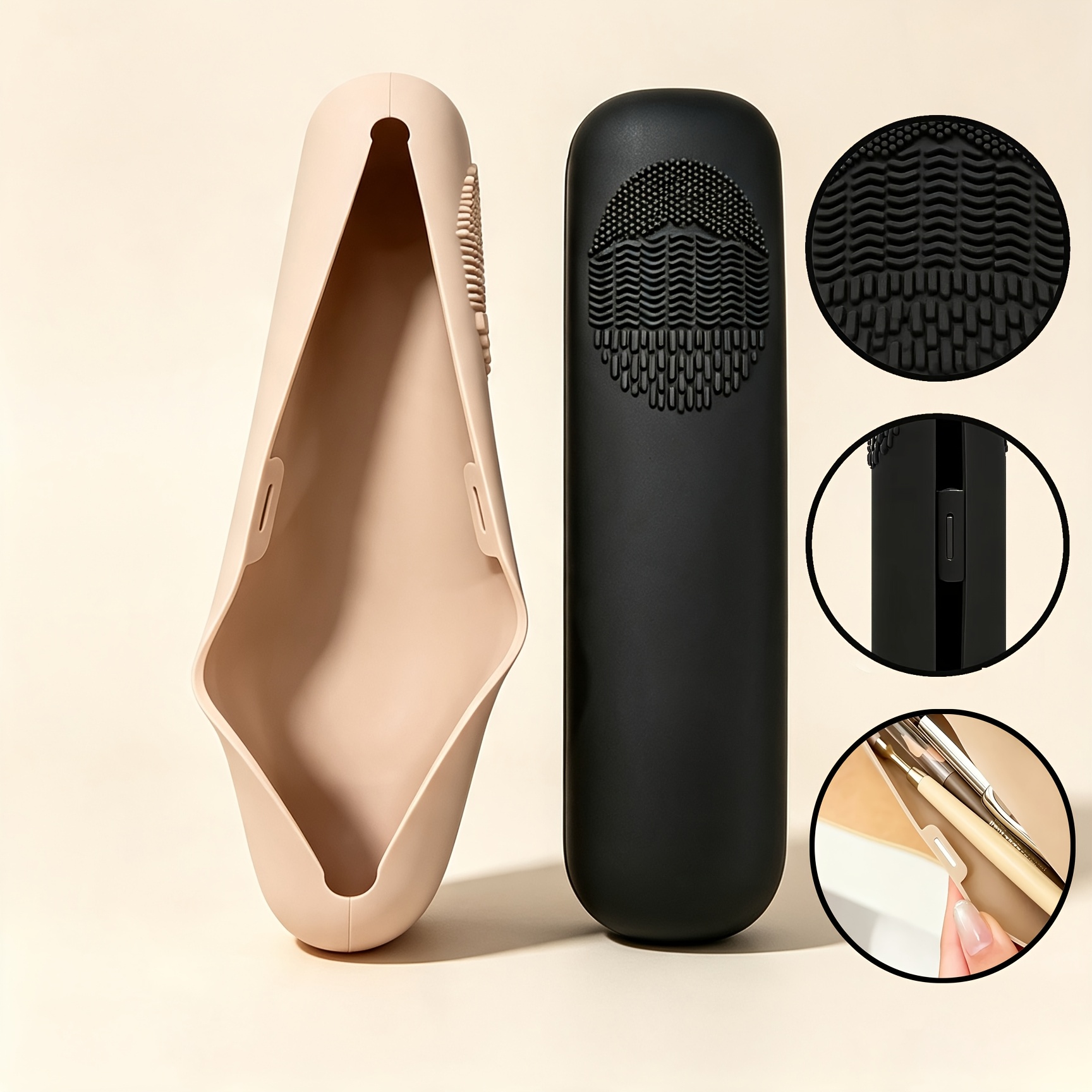 TEMU 2pcs Portable Silicone Makeup Brush Storage Case, With Built-in Brush Cleaning Texture Mat, Dustproof High Quality, Lightweight With Secure Snap