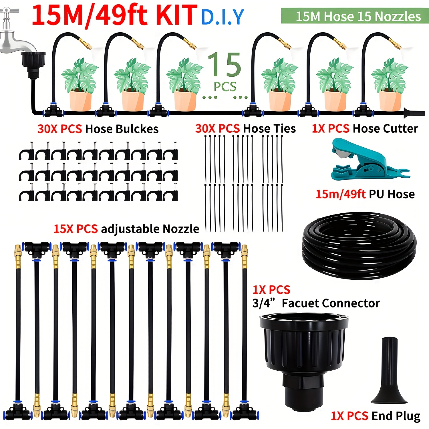 TEMU Kit de pulvérisation universel à courbure libre pour serre, jardin, fleurs, arrosage, irrigation, système de refroidissement par brumisation de