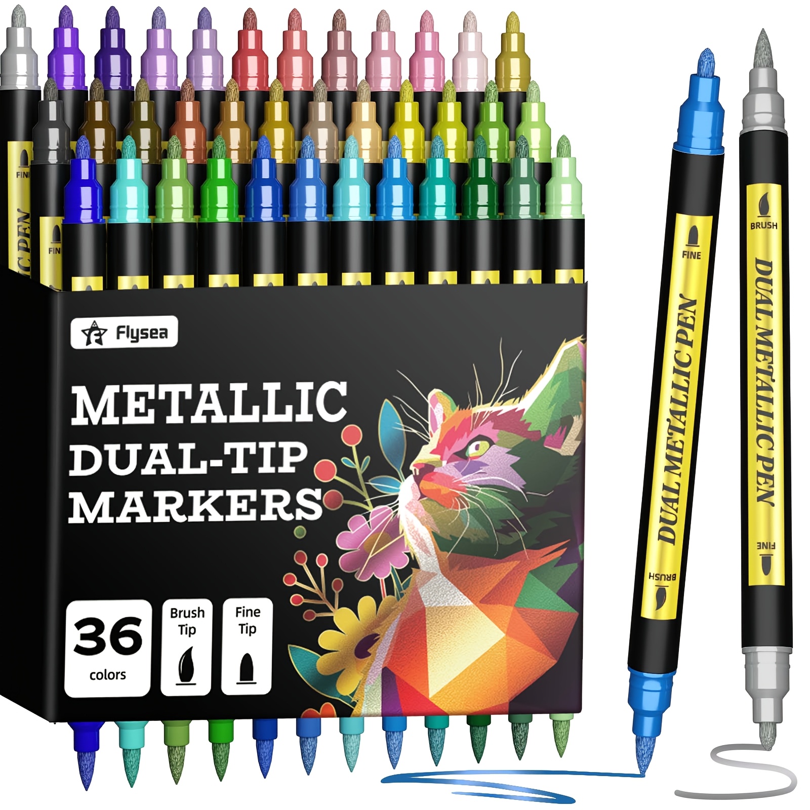 TEMU Set van 36 dubbelzijdige metallic acrylverfstiften, acrylverfstiften met penseel en fijne , voor doe-het-zelf-knutselen, steenschilderen, glas,