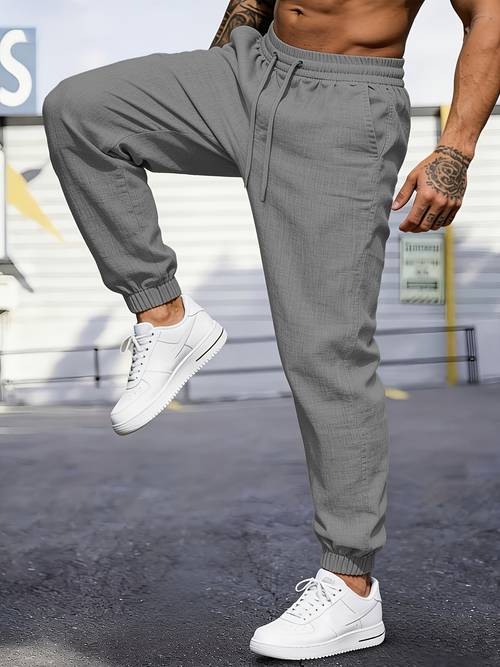 herren jogginghose aus gewebtem leinen, atmungsaktive leichte freizeit-jogger, einfarbiger atmungsaktiver stoff mit kordelzug-design, für den täglichen sommergebrauch outdoor-sport