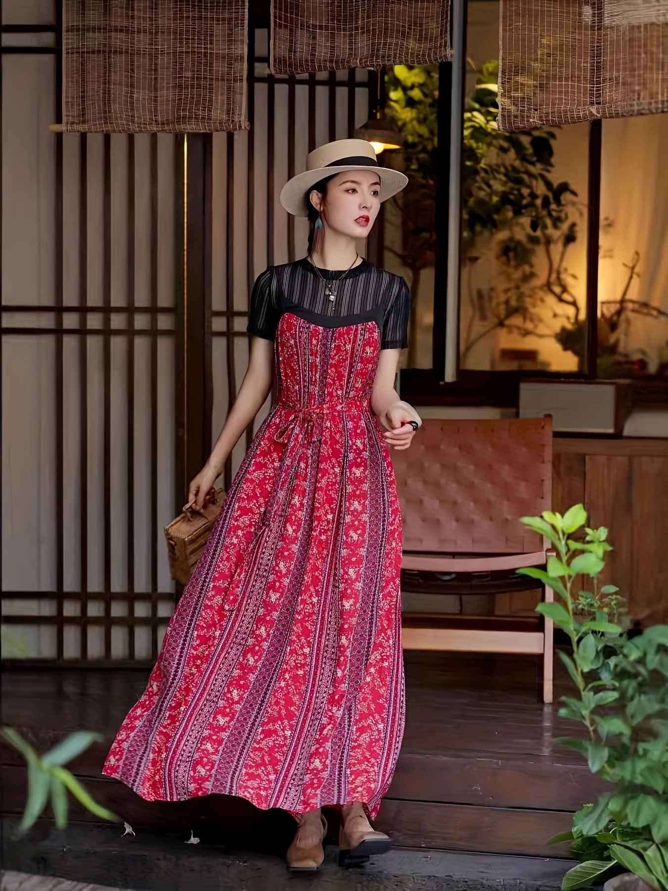 chinese dress ladies Maxi Dresses for Women Geometric Pattern Casual Long Sundress V Neck 3/4  Sleeves with Belt XL at Amazon Women's Clothing store