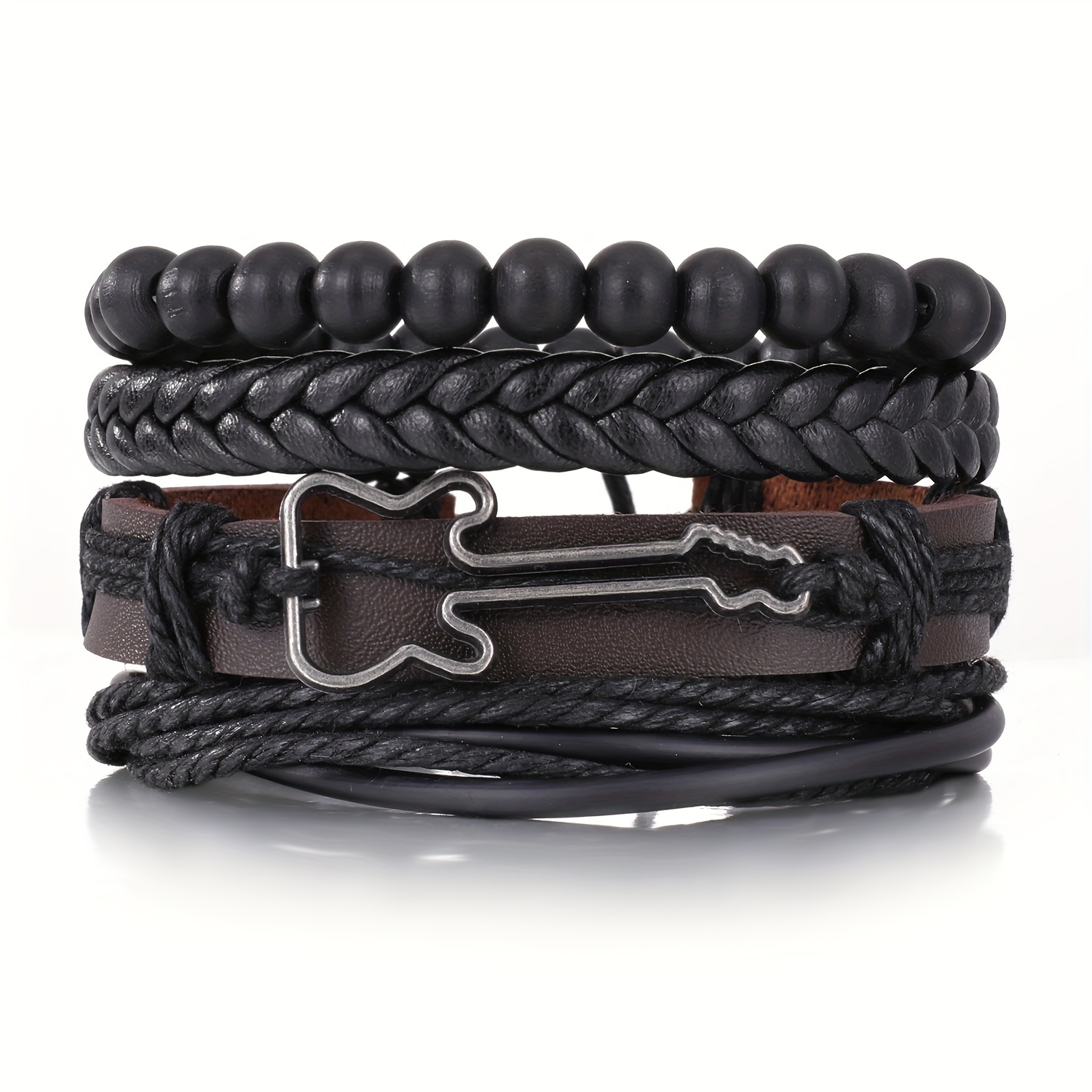 TEMU 4pcs Guitar Artificial Leather Bracelet Black Wooden Pillars Beaded Bracelet Fashion Men's Jewelry