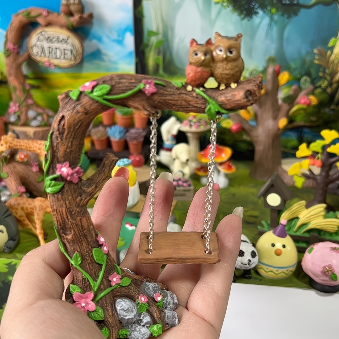 TEMU 1pc Micro Landscape Gardening Retro Owl Swinging Stump Decor - Whimsical Resin Garden Decor, Perfect Terrace, Fairy-tale Themed Outdoor Space,