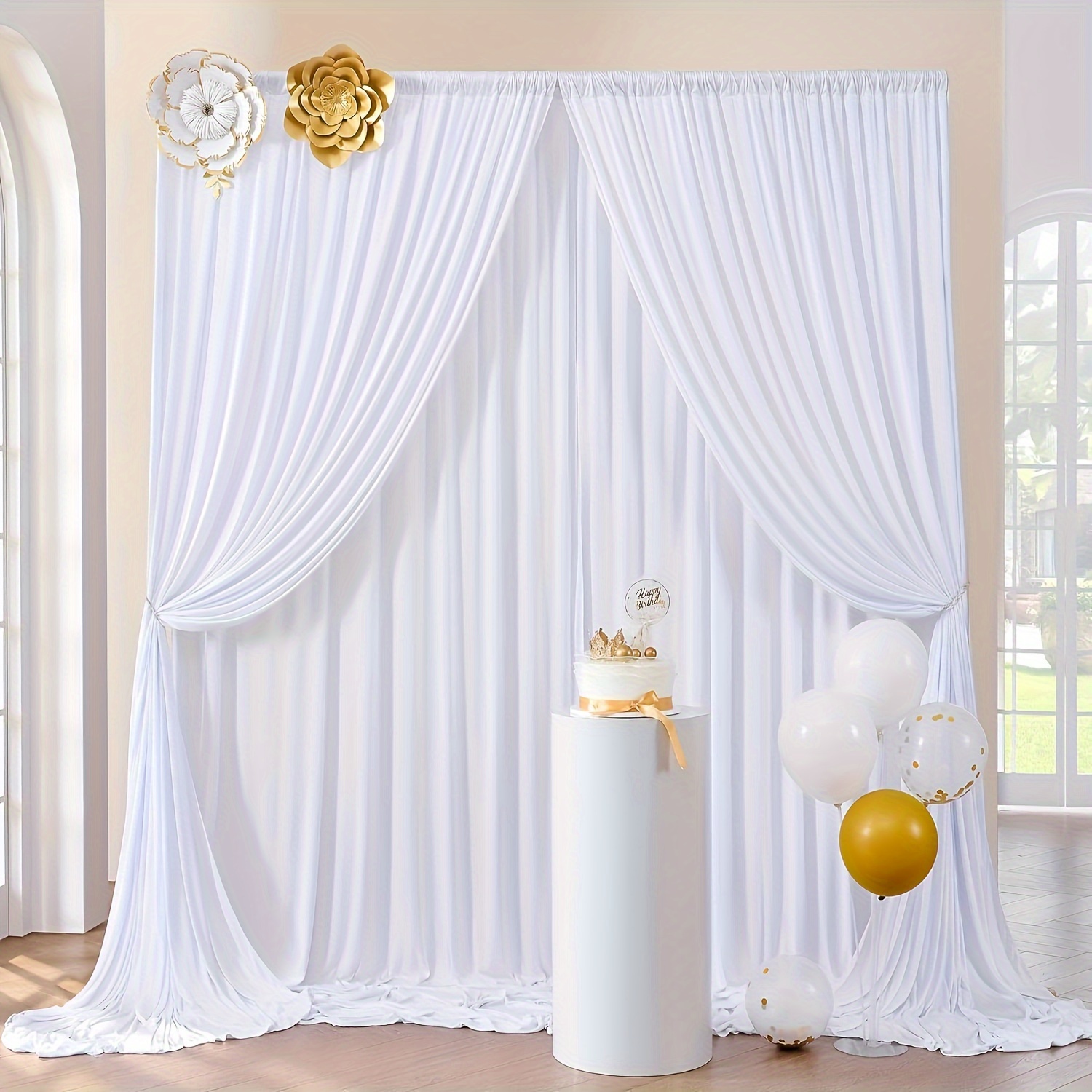 

4-piece White Backdrop Curtains 20ftx10ft - Versatile Polyester Panels For Weddings, Birthdays & Parties - Rod Pocket Design For Easy Setup