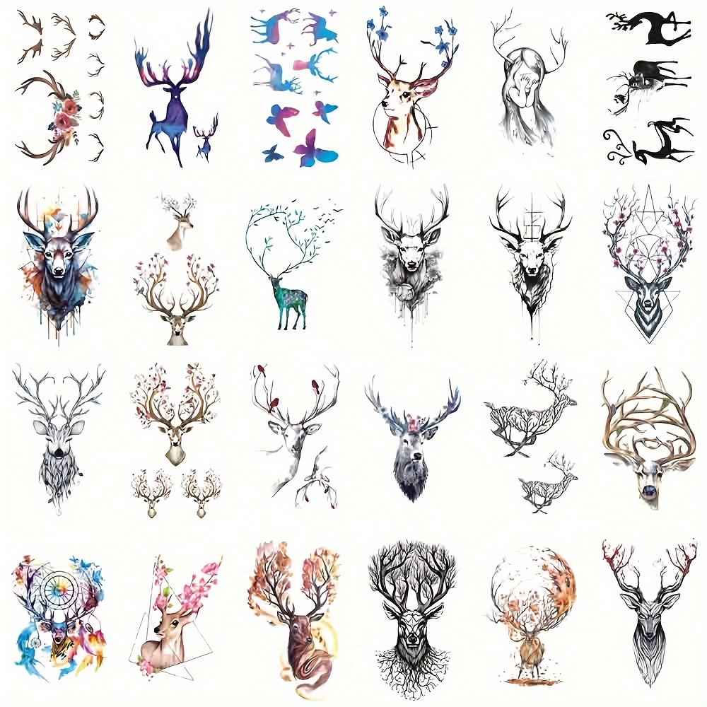 

24 Pcs Deer Temporary Tattoos For Women, Waterproof Body Art, Assorted Hand Fake Tattoo Stickers, Wildlife Nature Inspired Designs, Long-lasting And Skin-safe