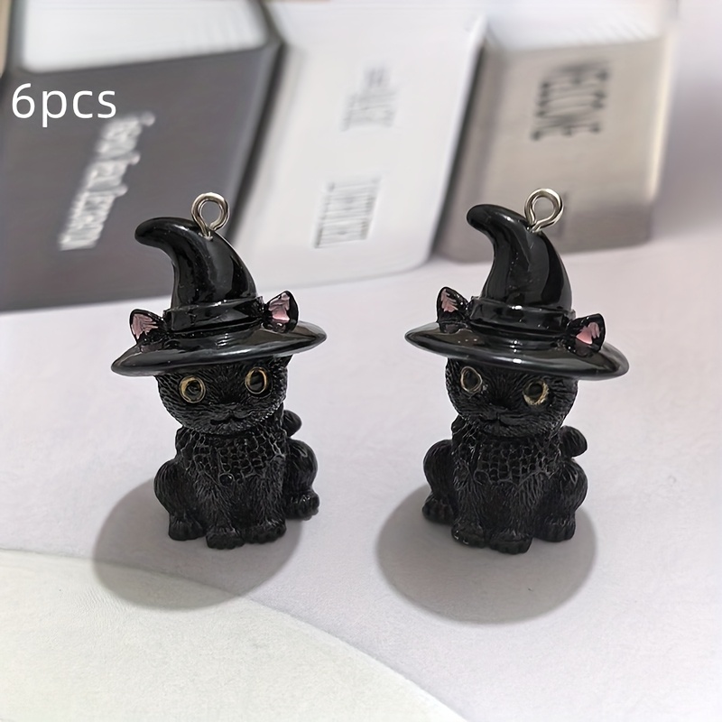 6pcs Halloween Hat Black Cat Resin Pendant Diy Halloween Jewelry Bag Mobile Phone Pendant Accessories