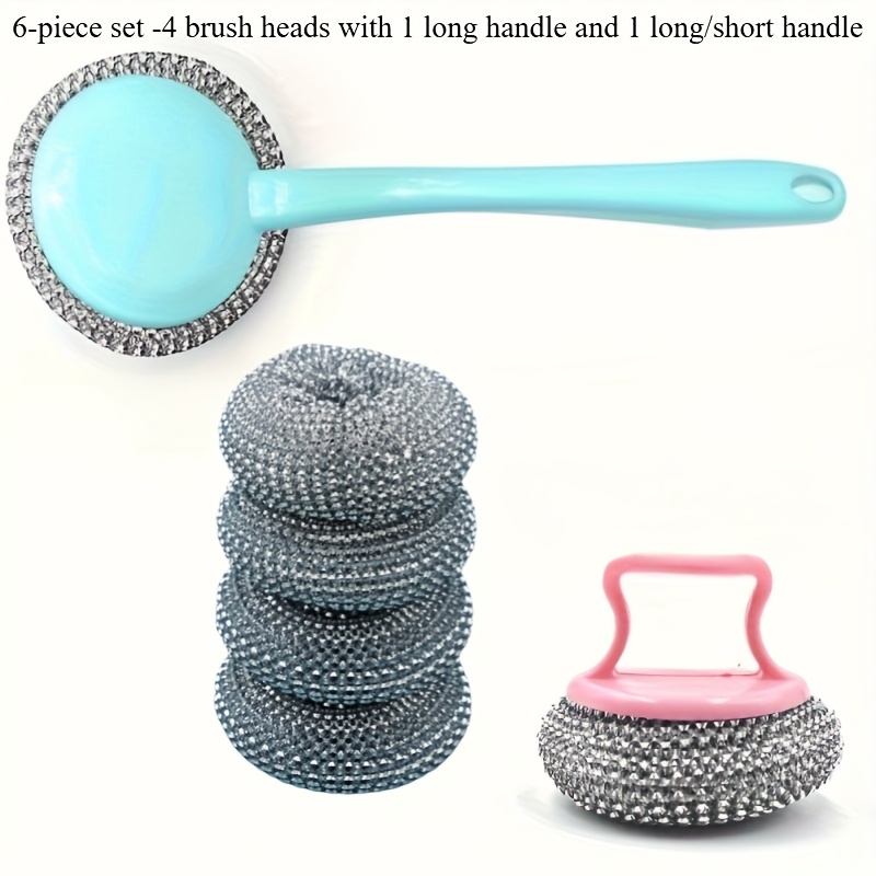 a 6pcs stainless steel brush set featuring 4 brush heads along with one long handle   short handle suitable for cleaning kitchens bathrooms and toilets it   heavy duty steel wool scrubbing pads and a manual utensil cleaner that doesnt   electricity complete with replaceable sponges details 0