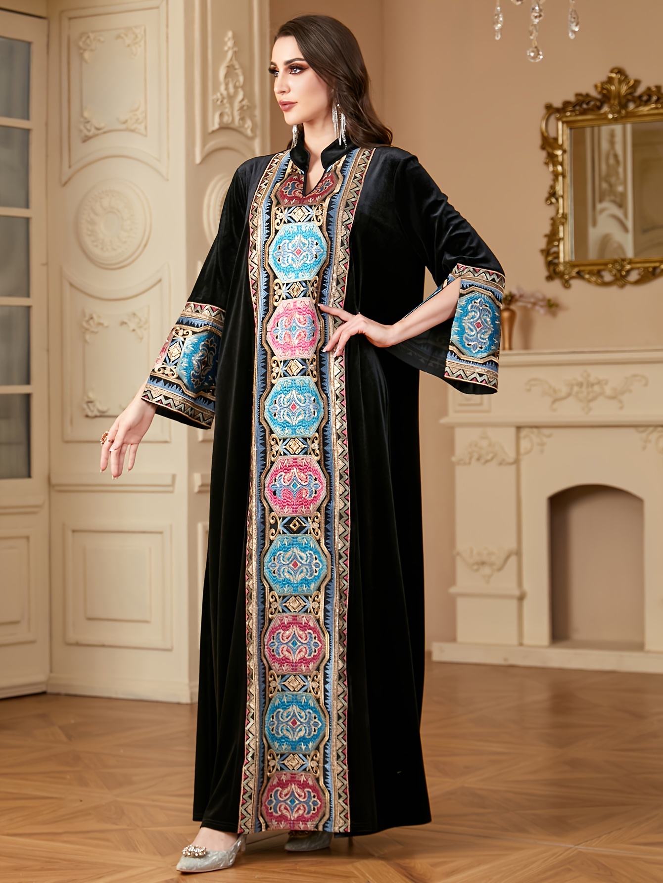 embroidered winter dress Girls Denim Folk Embroidered Winter Dress