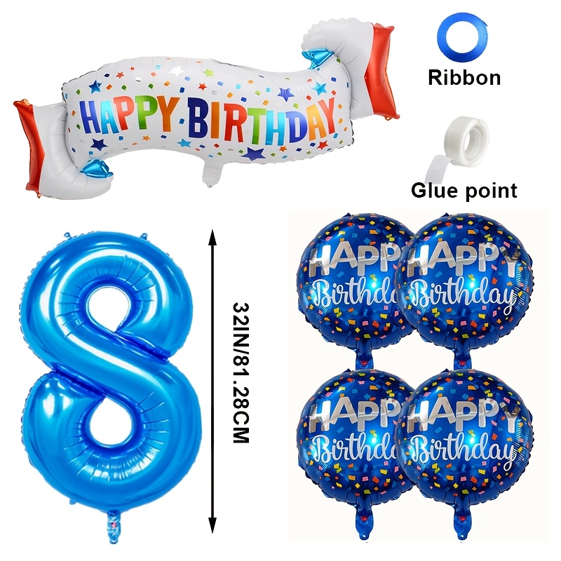 TEMU 8pcs, 8-year-old Or 8th Anniversary Decoration Set, Including Large Blue Balloons And A Huge Birthday Happy Colored Banner Balloon, Anniversary