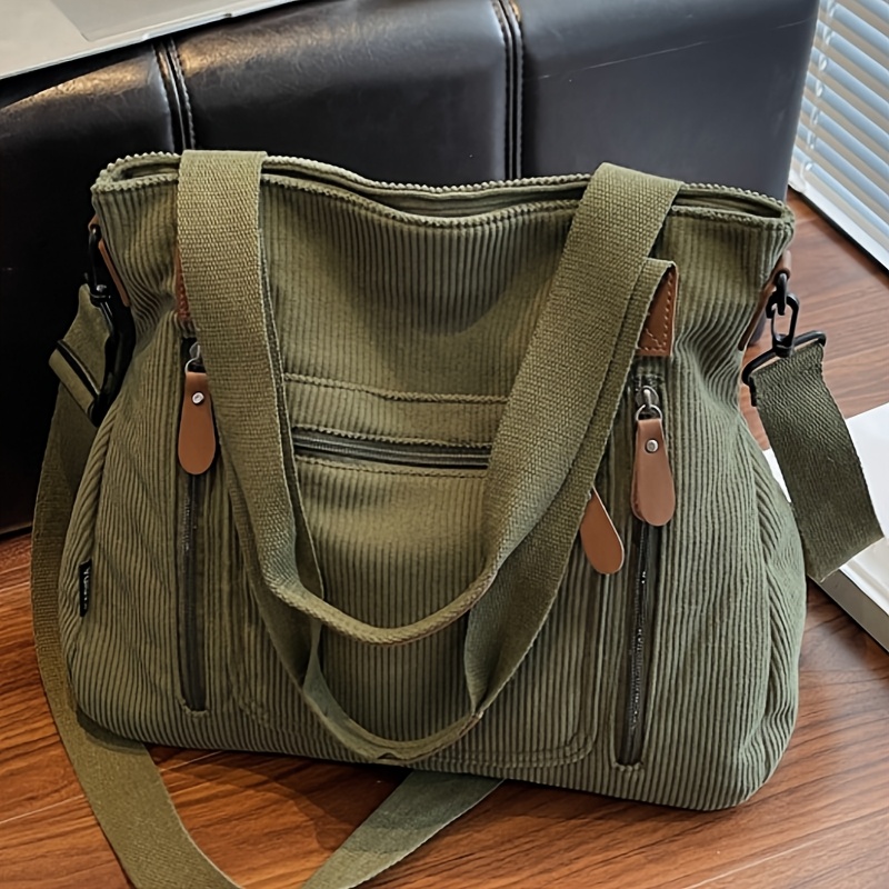 TEMU Lightweight Women's Corduroy Vintage Shoulder Bag, Large Capacity Multi-pocket Handbag With Adjustable Strap For Autumn/winter, Versatile For