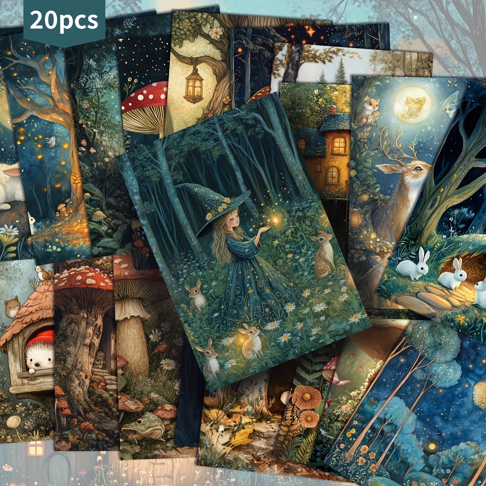Image of 20-pack Forest Night Moon Animal Fairy Postcards - 4x6 Inches Forest Night Junk Journal Paper, Classic Pinup Illustrations, Collectible Decorative Painting Cards For Scrapbooking & Crafting