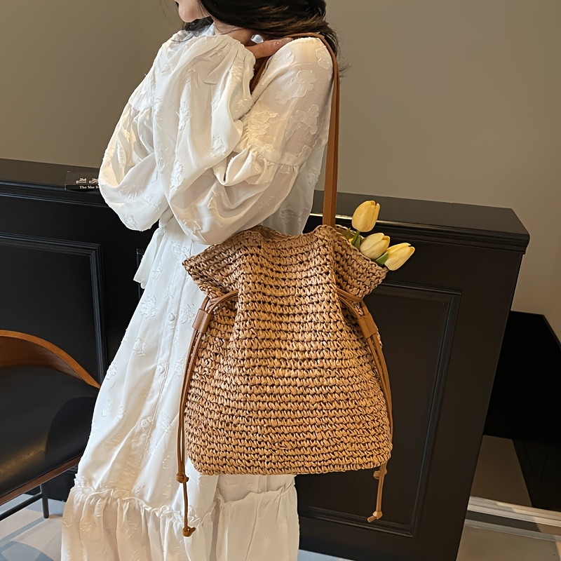 boho chic summer woven straw tote bag magnetic closure – Temu