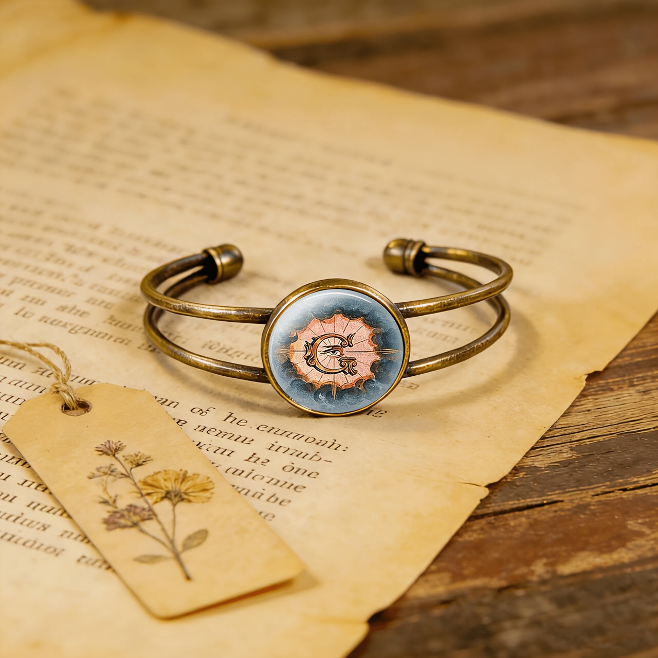 Antique Cyan Double-Layer Adjustable Bracelet with Golden Eye Design