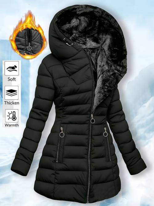 women warm lined hooded puffer coat length zip fit quilted winter jacket fuzzy fleece inner hood design zip pocket windproof outerwear for daily outdoor cold weather outfits