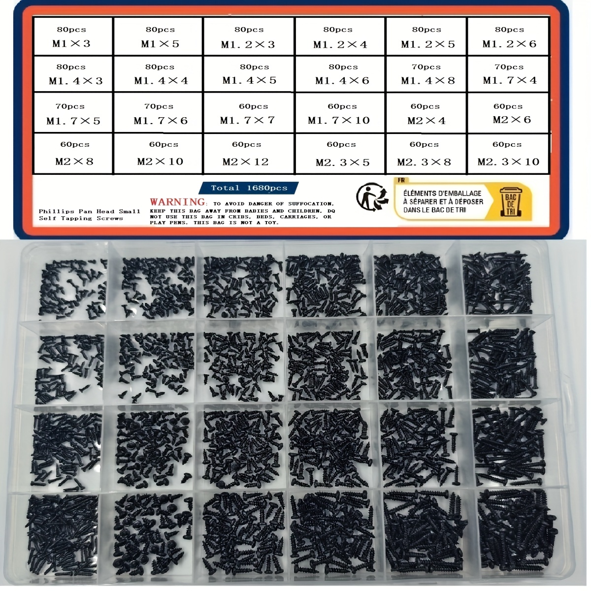 Image of 1680pcs Micro Self-tapping Screw Kit (m1/m1.2/m1.4/m1.7//m2.3) - Suitable For Woodworking And Computer Repair, Cross Round Head Carbon Steel Black Screws