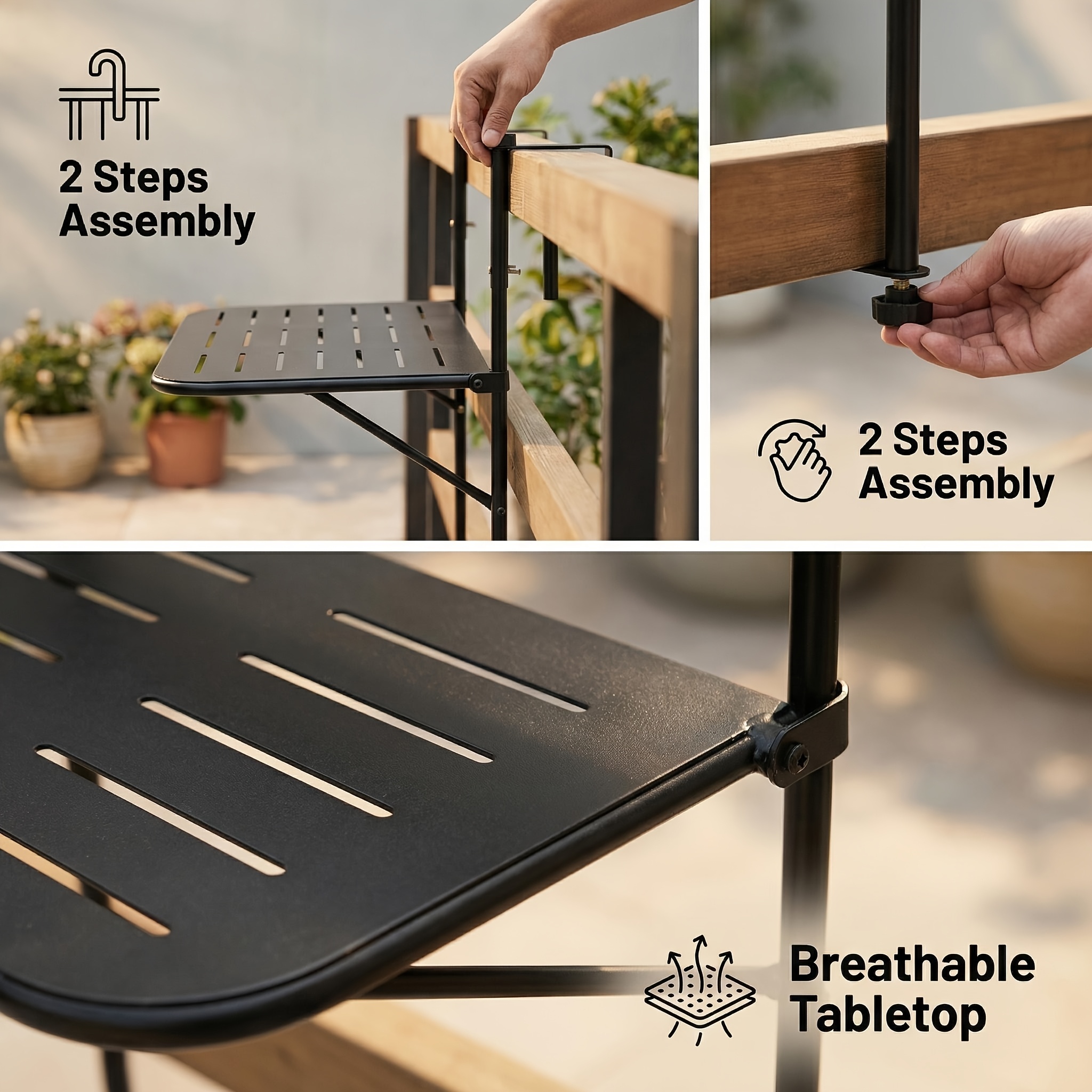 Balcony Railing Table, Outdoor Folding Hanging Table with Adjustable Heights, Heavy Duty Metal Hanging Bar Table for Patio, Garden and Deck