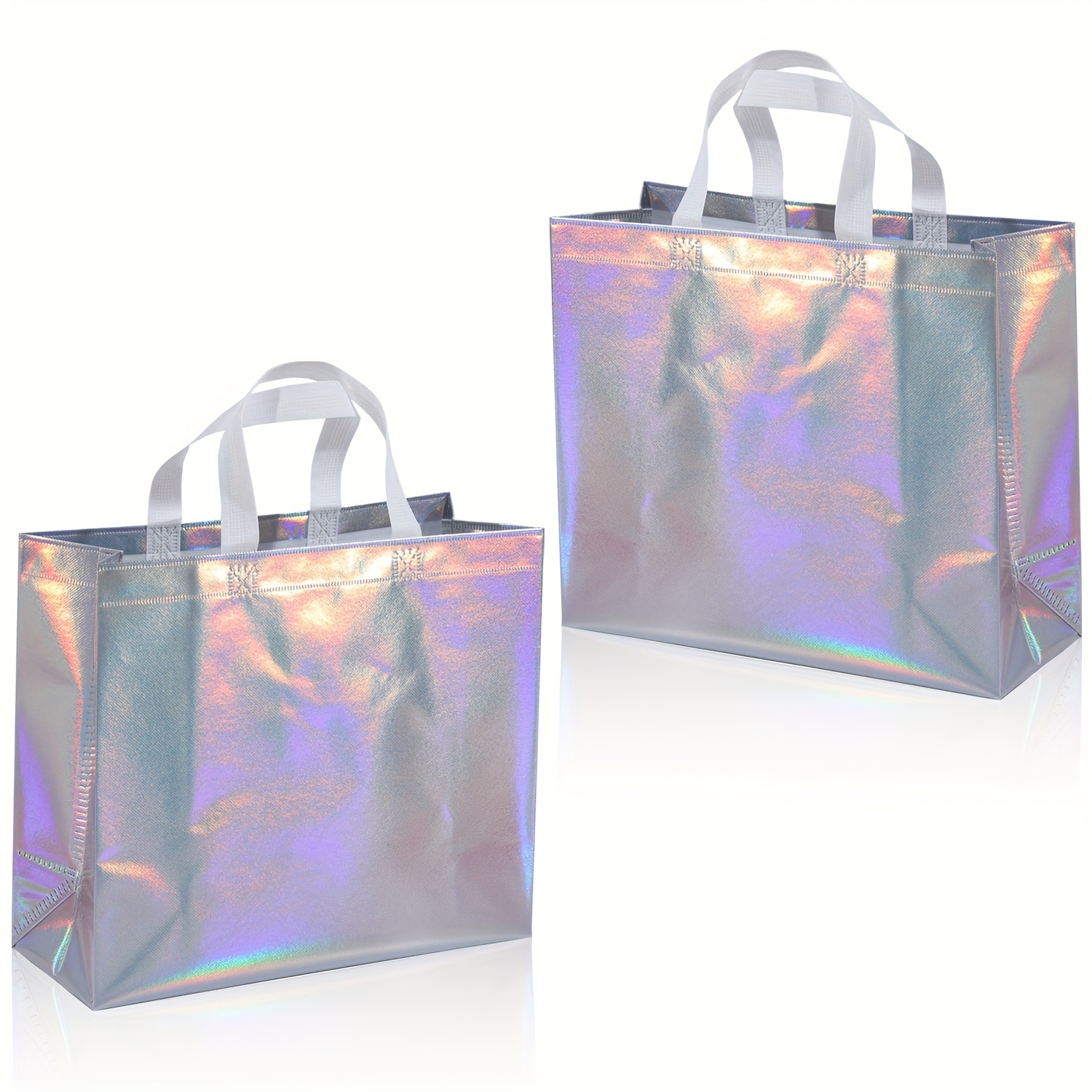 

10-piece Large Rainbow Holographic Gift Bags With White Handles - Reusable, Perfect For Birthday & Party Favors, 13x5x11 Inches
