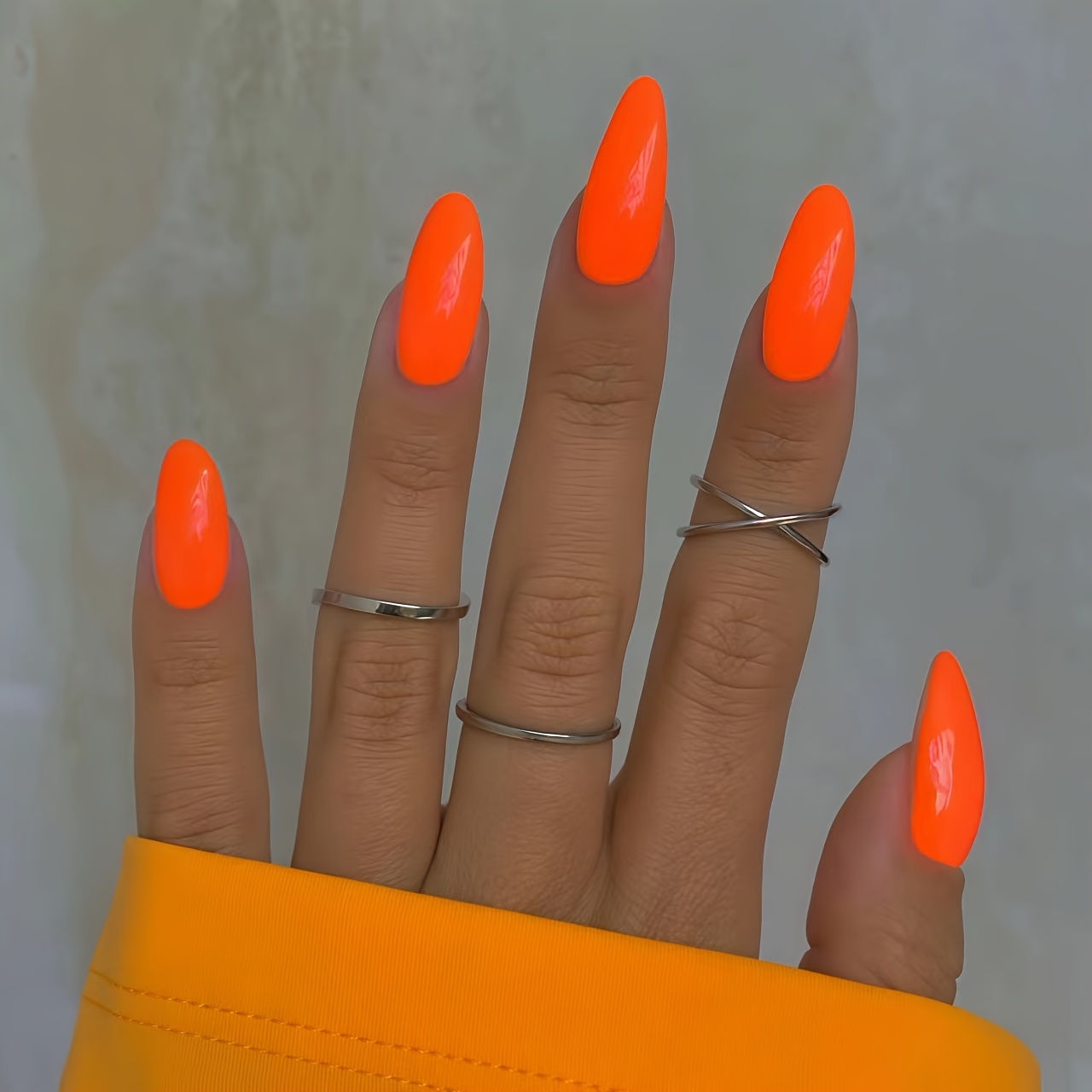Image of 24pcs Orange Pressed Nails - Almond Shaped Medium Length Holiday Nails, Women's Stiletto False Nails, Thick Natural Acrylic Gel Pressed Nails, Salon Nail Art Tips Family Daily