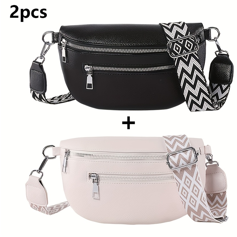 TEMU 2pcs Set Women's Fashion Sports Waist Bag - Vintage Outdoor Sports Chest Bag, Dual Zipper Compartments, Casual Pu Crossbody Bag, Bohemian Style