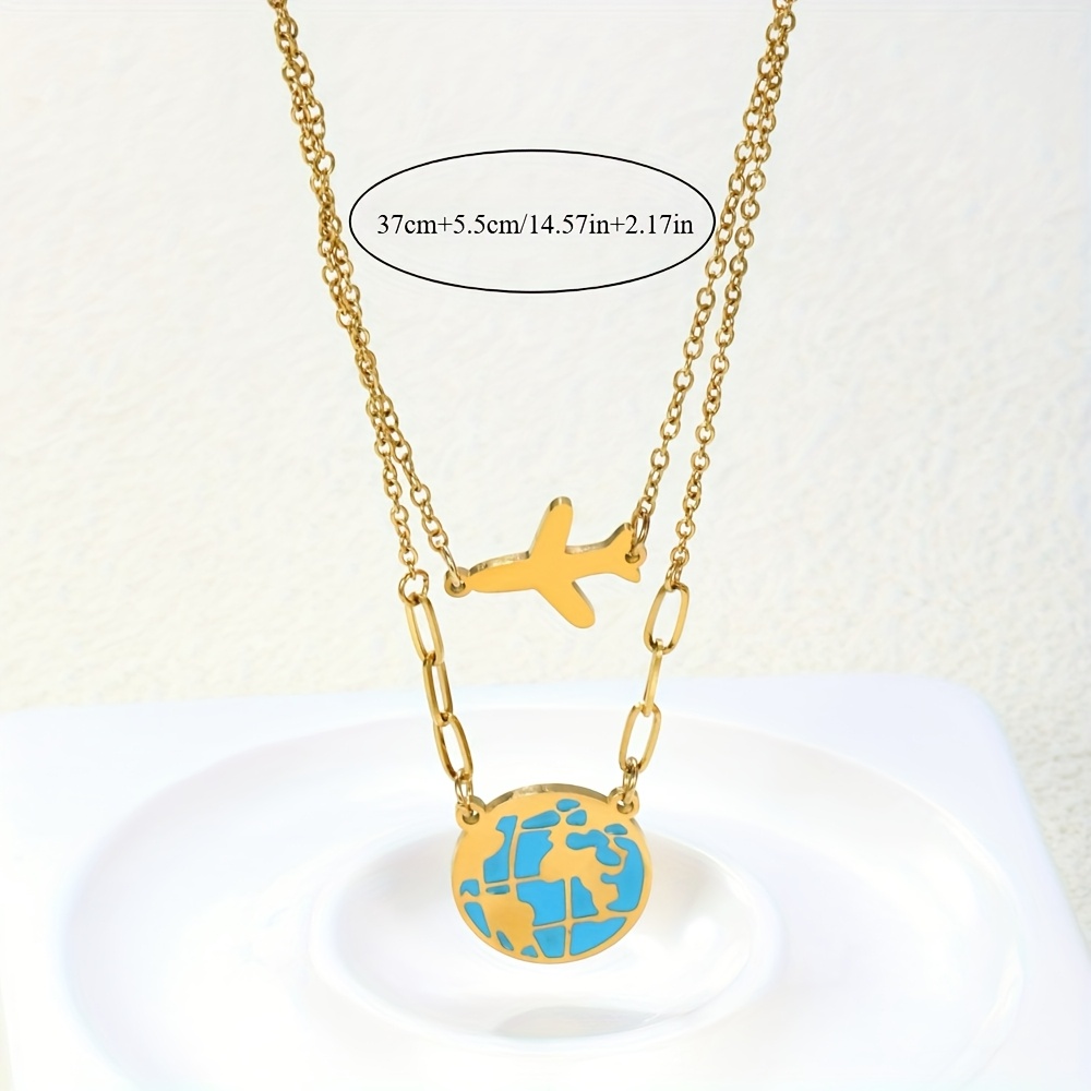 Women's Double-Layer Golden Airplane & Earth Pendant Necklace