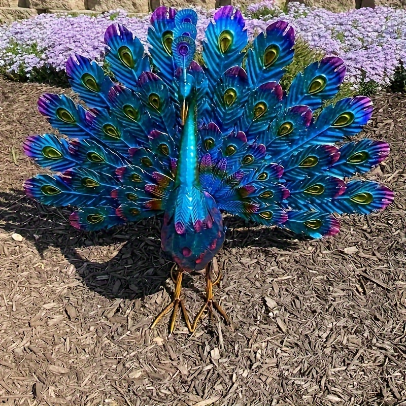 Pfau Gartenstatuen Aus Metall – Set Mit 2 Skulpturen In Blau, Für Terrasse, Rasen & Hofdekoration