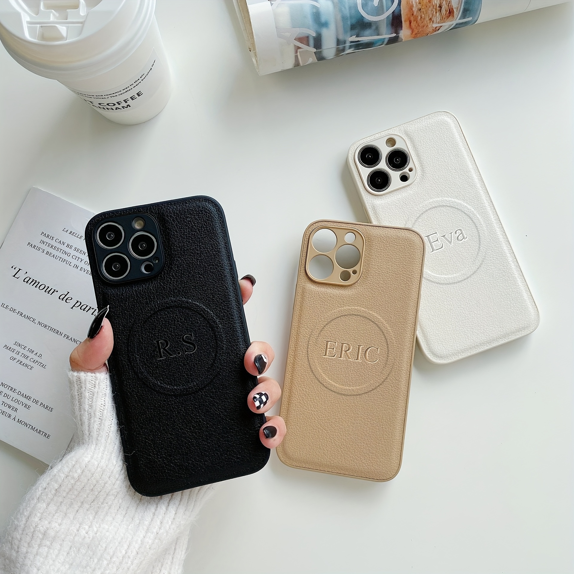 

Customized Magnetic Support Wireless Charging Phone Case For Iphone 11 12 13 Pro Max Personalized Name Letters 3d Engraved Luxury Leather Case