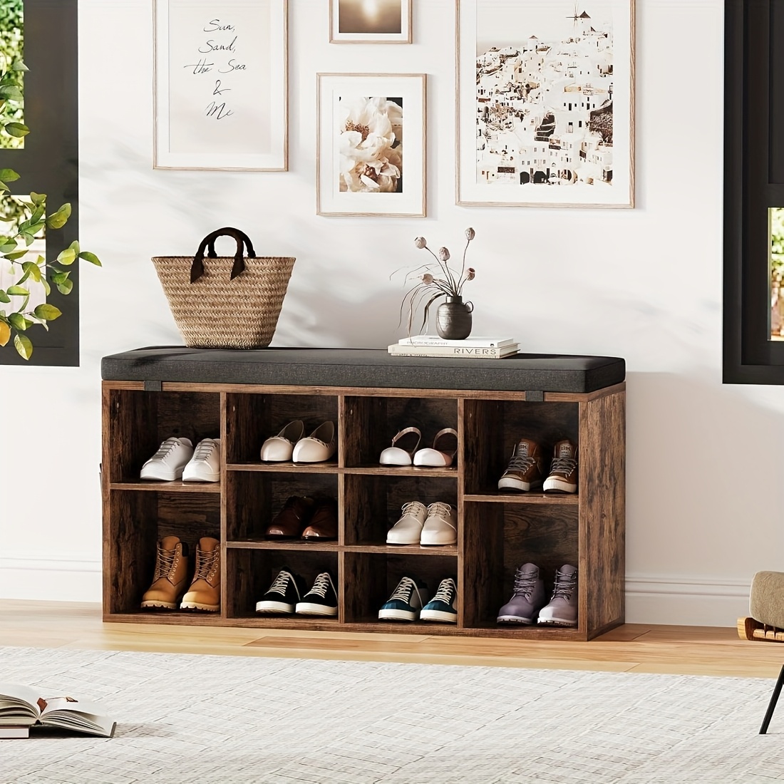 Image of Cushioned Shoe Storage Bench, Padded Seating Bench With Cubby Racks, Adjustable Shelving, Entryway Organizer For And Living Rooms, Closet Shoe Rack