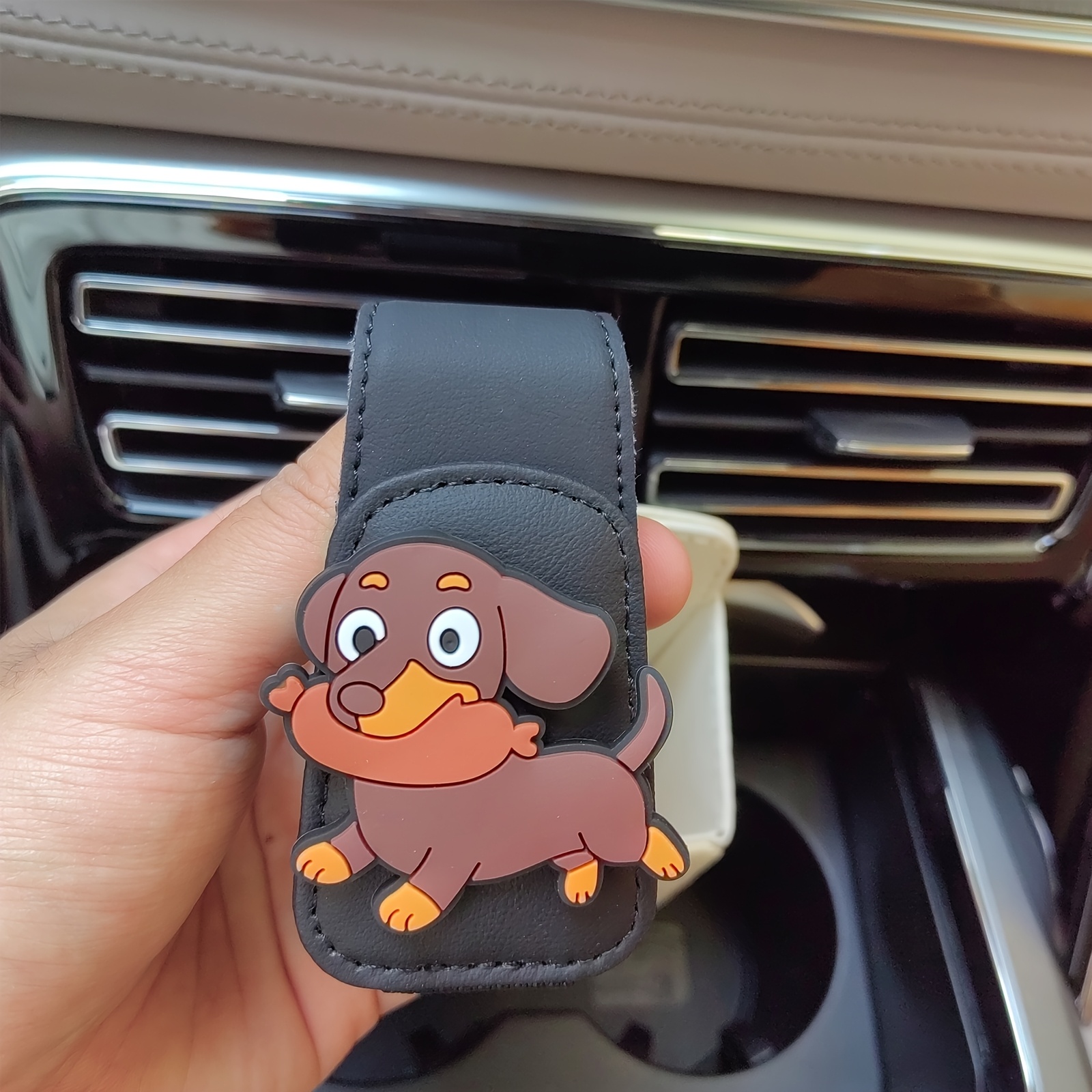 TEMU 1pc Creative Sunglasses Clip Holders For Car, Cute Puppy With Sausage Magnetic Faux Leather Sunglasses Clip For Car Visor Glasses Cards Holders