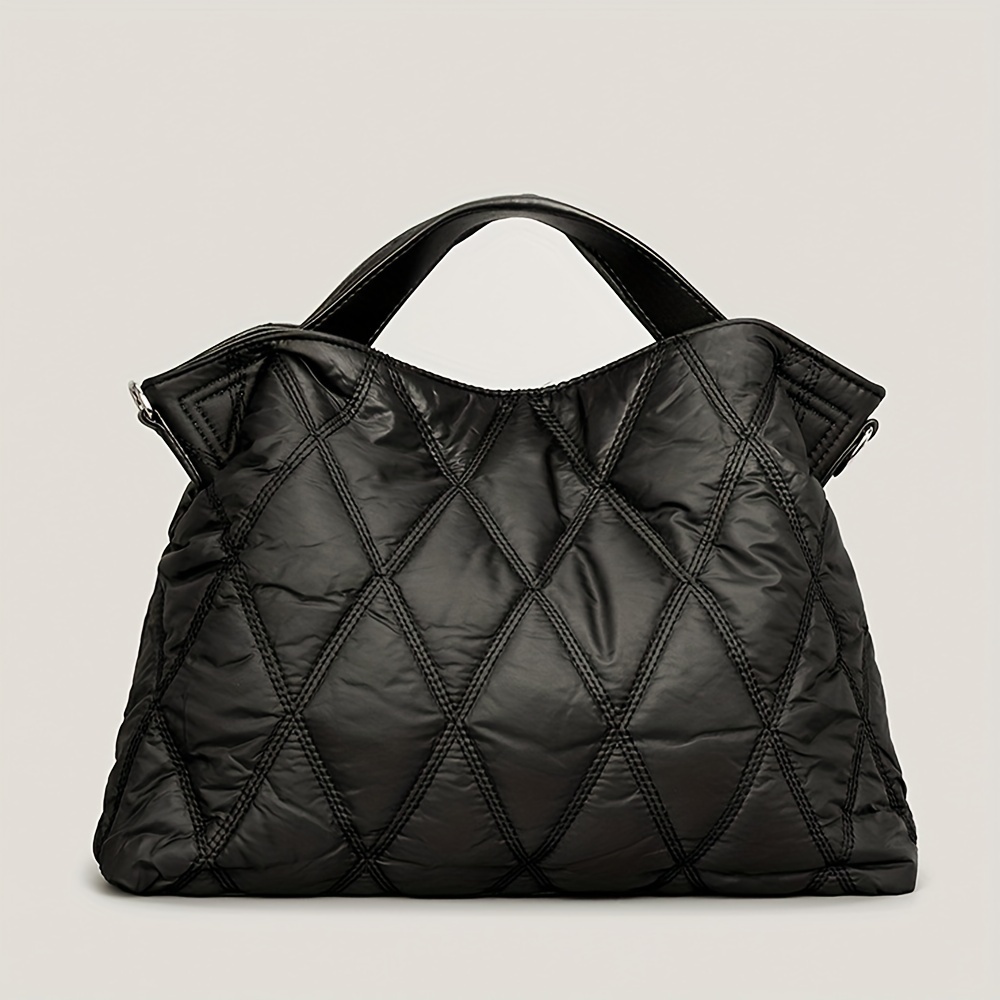 TEMU Trendy Puffer Quilted Tote Bag, Rhombus Nylon Shoulder Bag, Soft Padded Handbag For Women