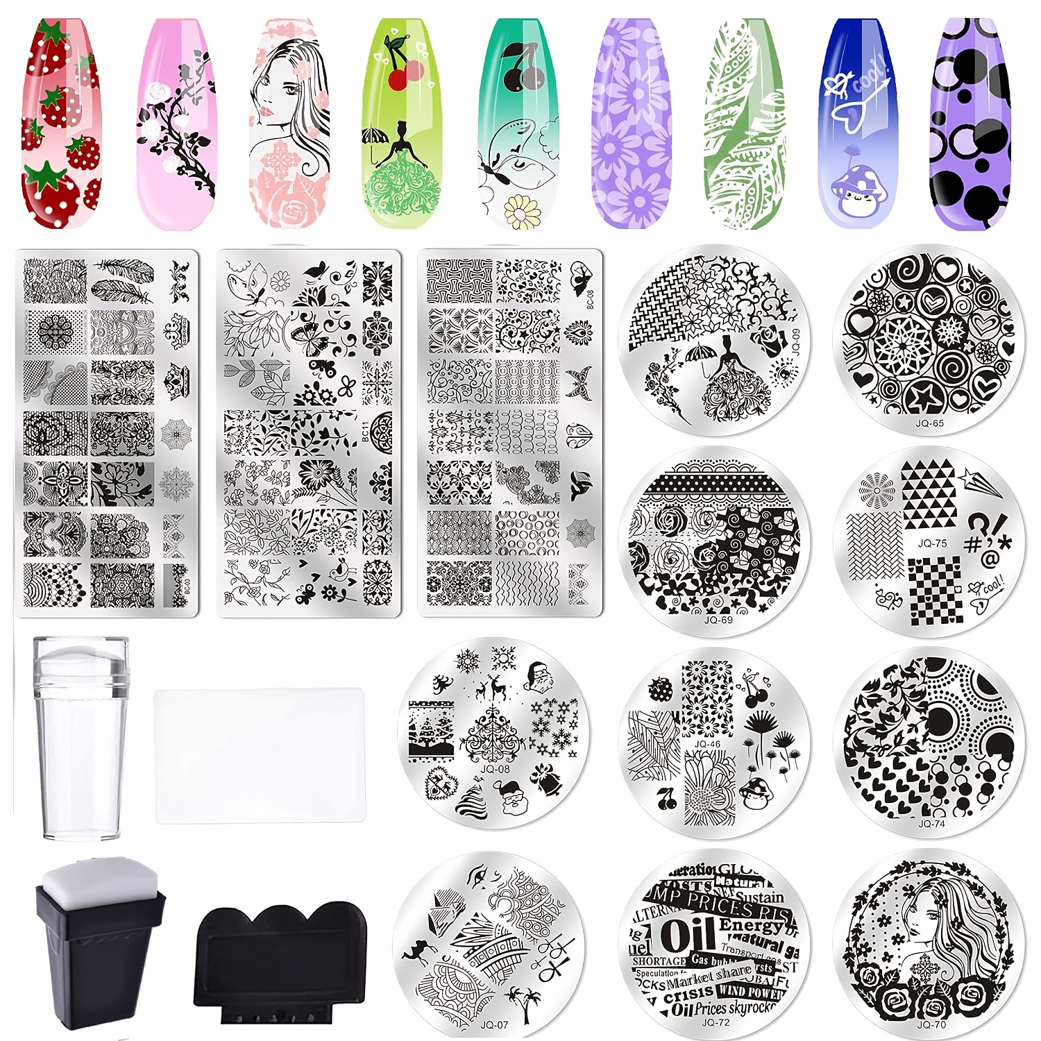 TEMU Nail Stamping Plate Kit 2 Nail Stamper 13 Nail Plate Set 2 Scraper Nail Stamping Kit Template Image Plate Stencils Tool For Manicure Lace Design Holiday