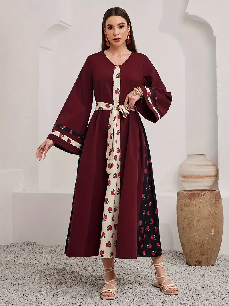 womens arabian abaya dress burgundy contrast trim sleeve - Temu United Arab Emirates womens arabian abaya dress burgundy contrast trim sleeve - Temu United Arab Emirates