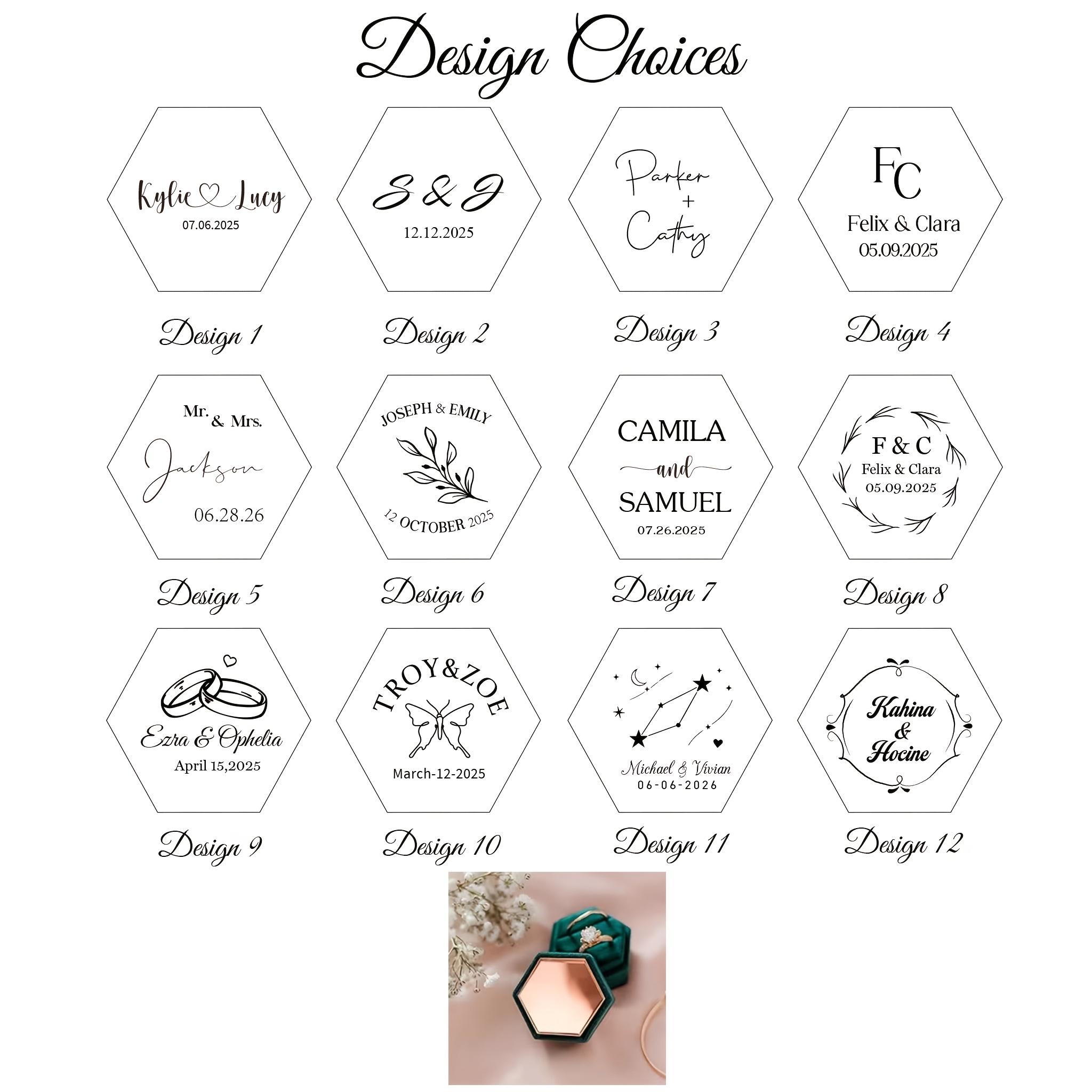 Personalized Hexagonal Velvet Ring Box, Custom Name and Date