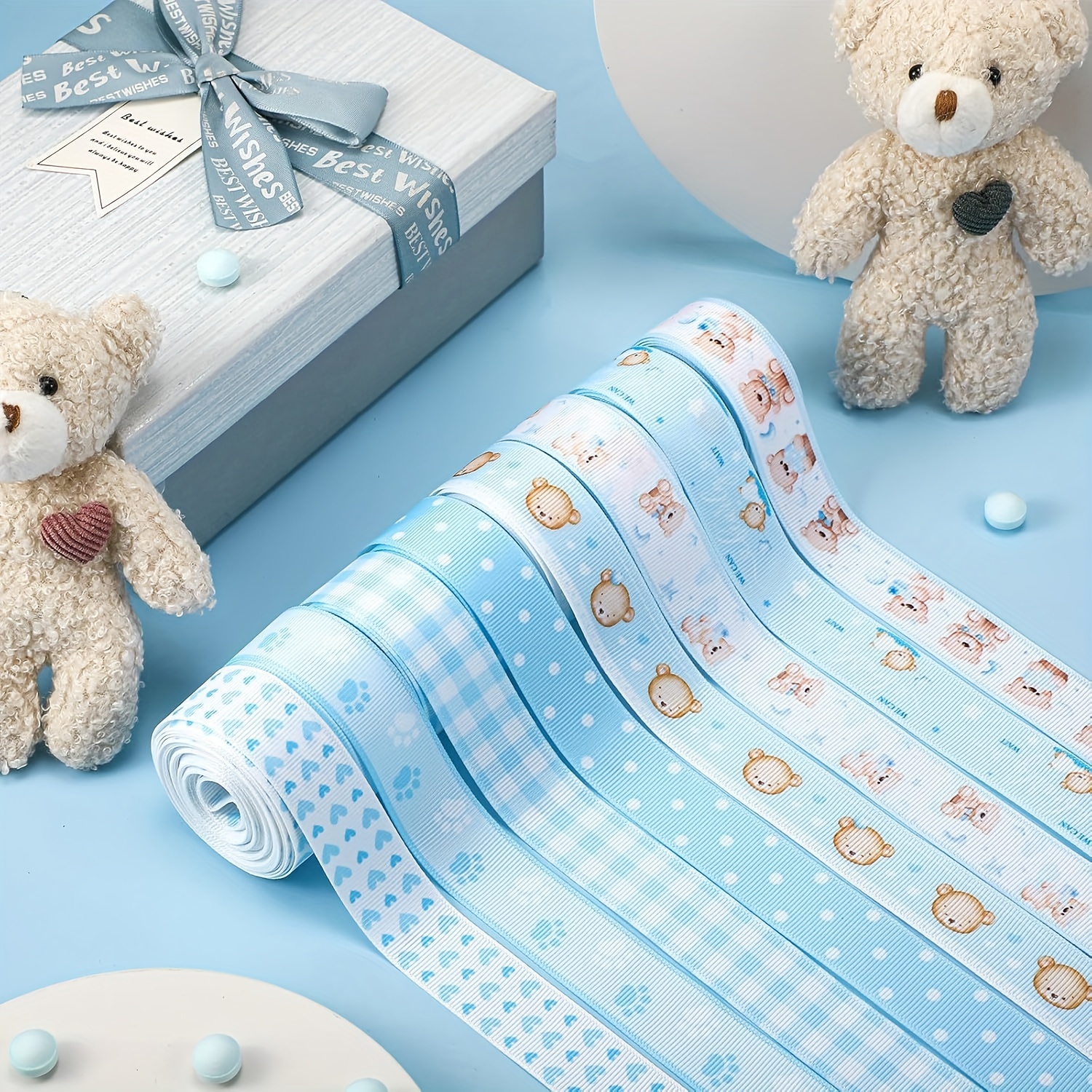 Image of Bearly Wait Ribbon Blue Baby Shower Ribbon Bear Print Grosgrain Ribbon For Birthday Baby Shower Gender Reveal Gift Wrapping Decoration, 40 Yard Total (blue)