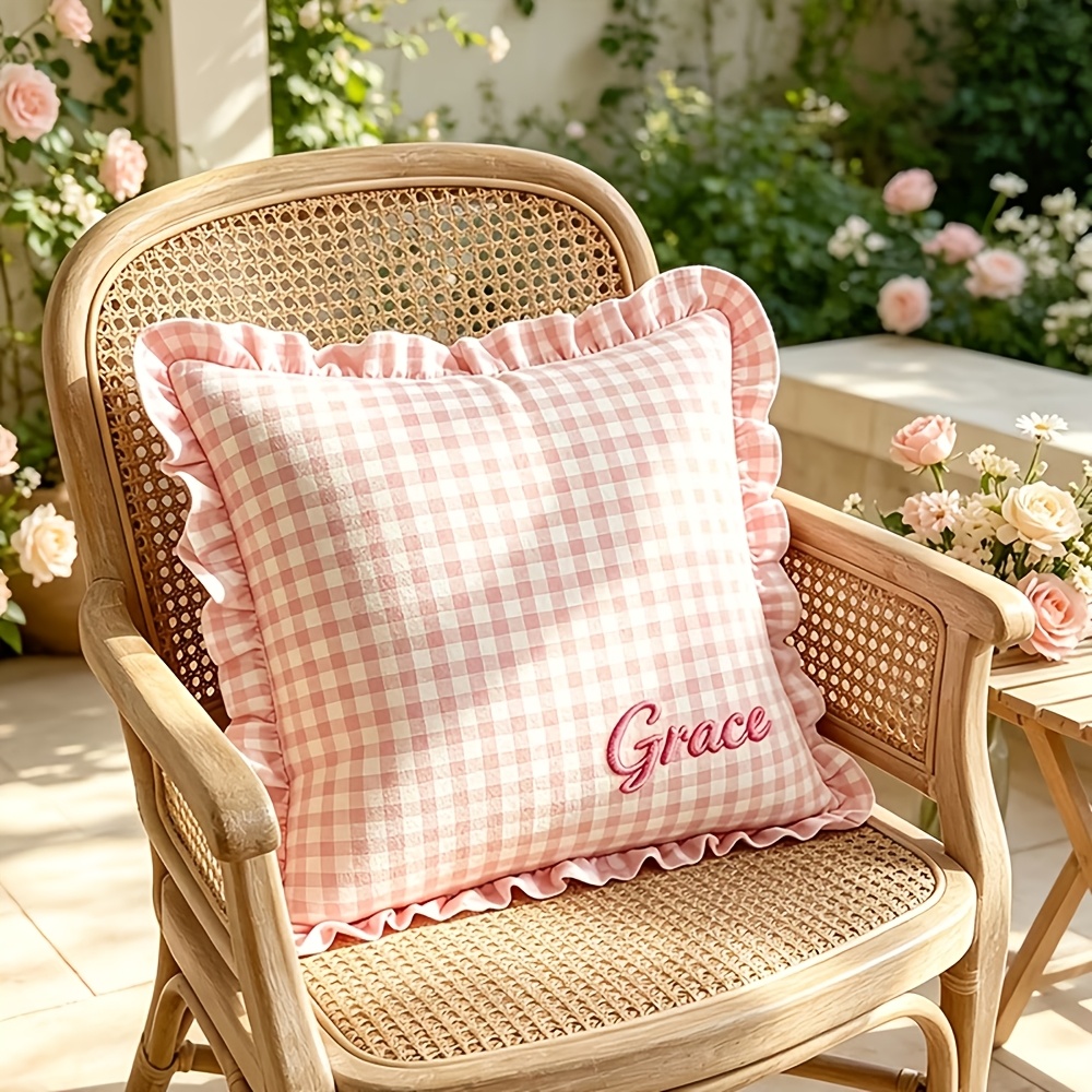 TEMU Taie d'oreiller brodée avec nom personnalisé style française, convient pour housse de coussin de canapé - Housse de coussin à carreaux avec bord