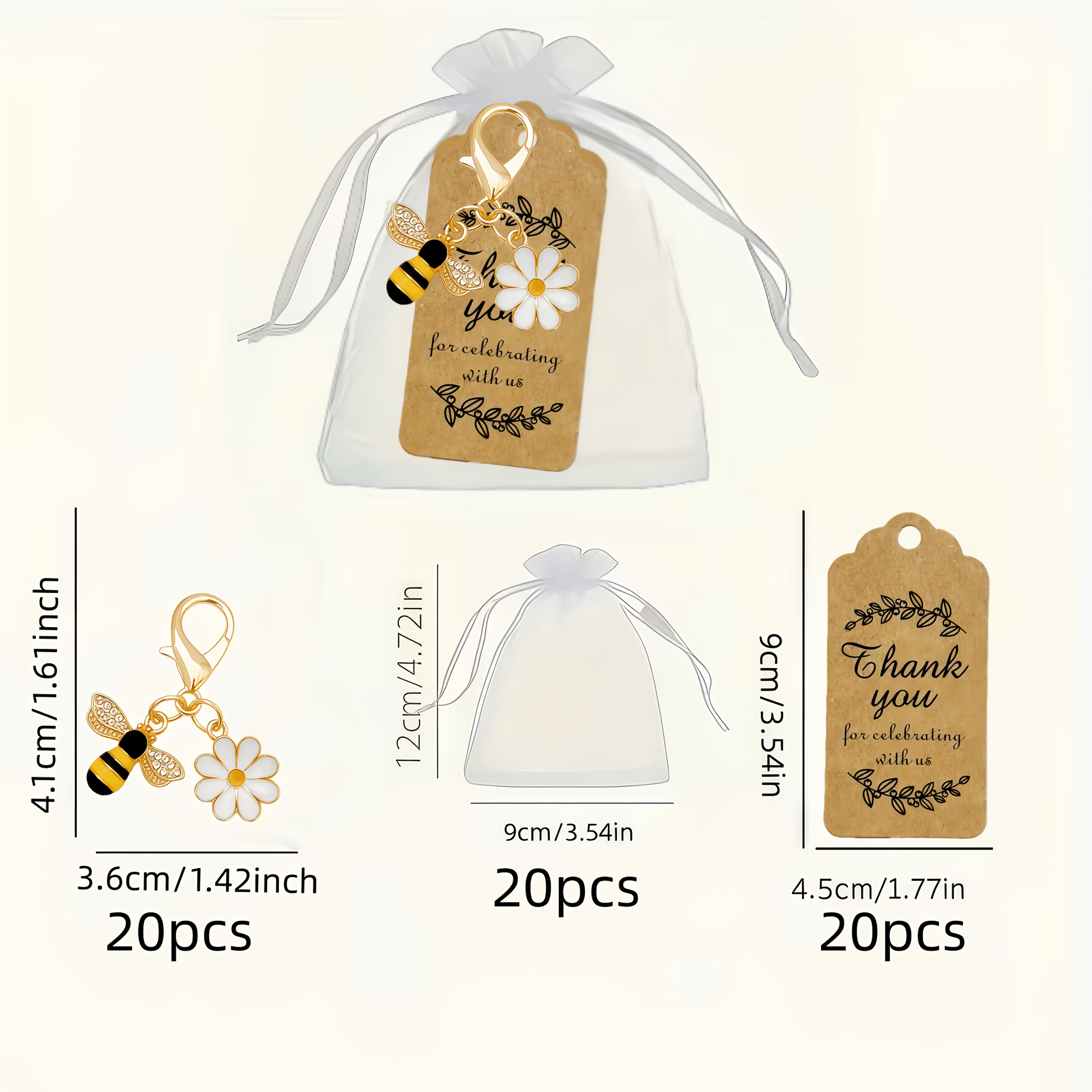 TEMU 60pcs/20 Set Bohemian Style Bee Keychain Party Gift Combo - Includes 20 Bee Keychains, 20 Organza Gift Bags, And 20 Thank You Cards. Perfect For