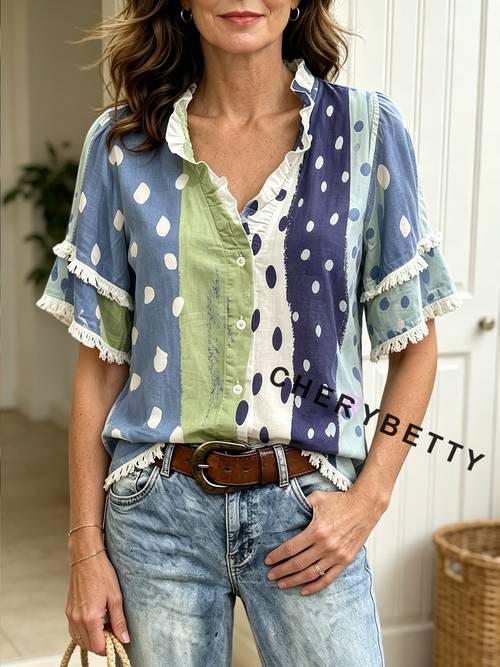 cherybetty high quality tops and blouses for women blue green polka dot stripe ruffle v neck button shirts fringe tiered sleeves fall outfits halloween christmas clothes fast local warehouse