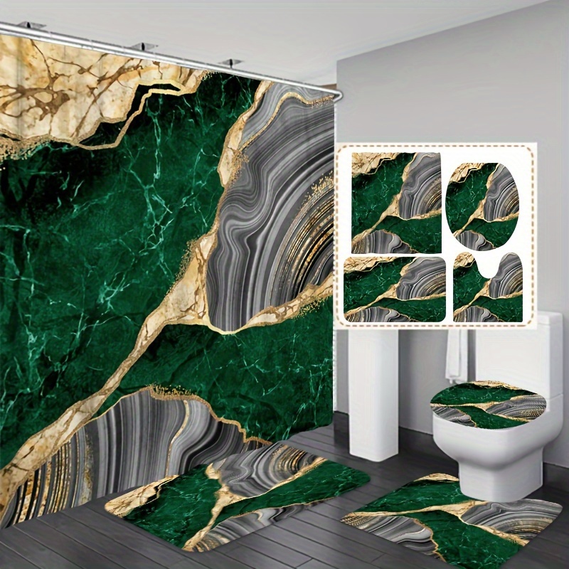 Waterproof Emerald Green Marble Bath Curtain 12 Hooks - Temu
