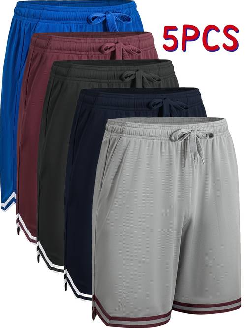 5pcs mens athletic workout shorts quick running shorts with elastic drawstring waist side pockets loose fit basketball training shorts in blue black red gray maroon machine washable summer activewear for men gym shorts comfortable sports gear