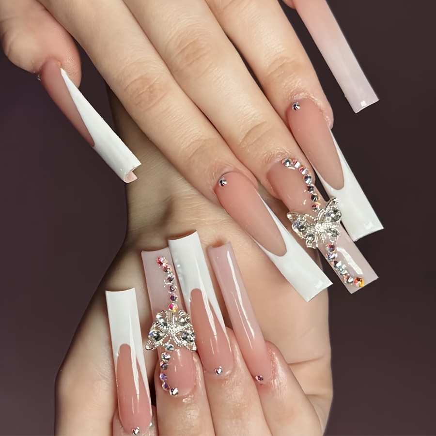 TEMU 24pcs Ultra-long Square Nail Tips With Butterflies, Hand-pierced Craft, Glossy Artificial Nails With Jelly Patches, Reusable False Nails,