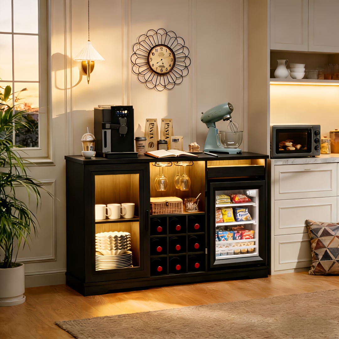 TEMU Home Bar Cabinet With Mini Fridge And Led Lights - Black Liquor Cabinet With Motion Sensor, Glass Racks, Storage Shelves - Modern Beverage Bar
