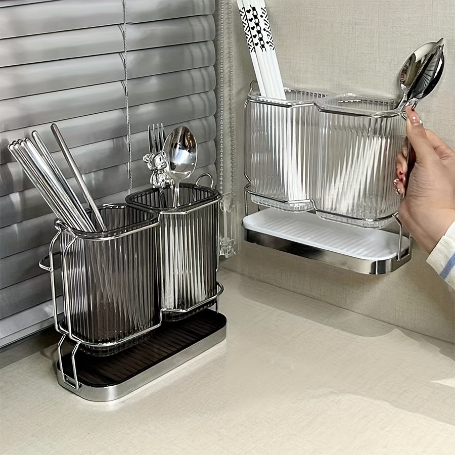 

Elegant Stainless Steel Wall-mounted Utensil Holder With 2 Compartments For Chopsticks And Spoons