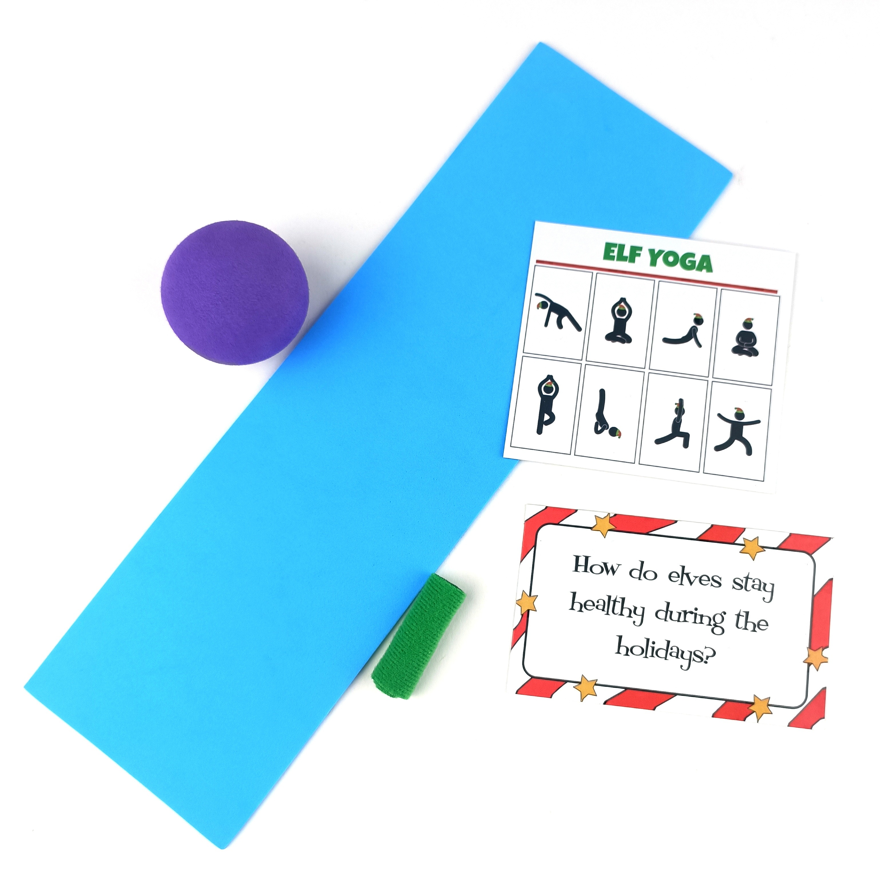 

Christmas Elf Yoga Props Set, Holiday Themed Sports Accessories For Seasonal Festivities, Non-electric Decorative Party Supplies With Elf-sized Yoga Mat, Ball, And Pose Cards