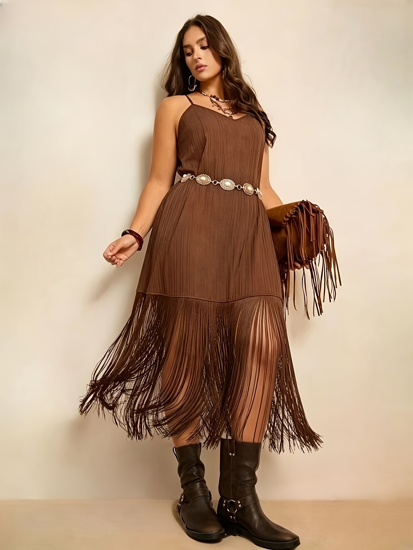 western dress for plus size ladies Size, Women's Plus Cowgirl Fringe - -Neck Dress with Fringe Hem, Machine Washable -Length Dress Suitable Music Festivals, Rodeo Parties & Themed Events, Type-Re/Done