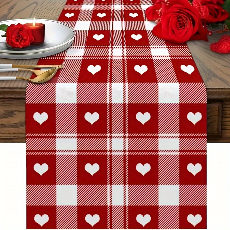 

1pc, Linen Valentine's Day Table Runner - Red Heart Pattern, Rectangular Shape, Woven Style, For Romantic Dining & Anniversary Celebrations, Kitchen And Restaurant Decor 13x48/13x72/13x108/inch