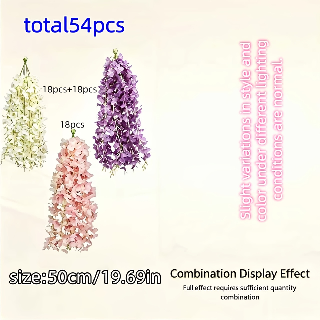 TEMU 54pcs Mixed Colors Artificial Wisteria (white 18pcs, Light Purple 18pcs, Pink 18pcs) - Realistic Faux Flowers, Durable Plastic/ Hanging Ivy,