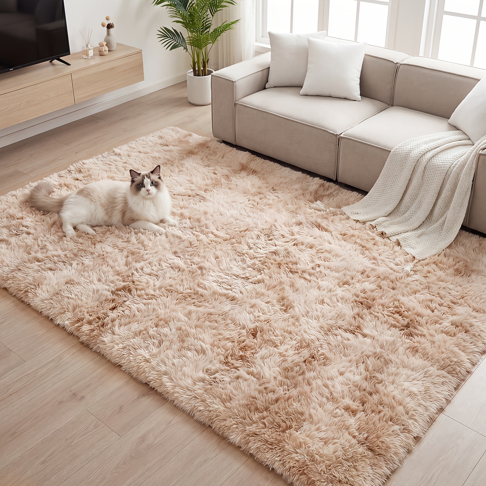 1pc Luxurious Rectangular Shaggy Plush Carpet Rug, Soft Fluffy Long , Non-slip And Easy To Clean, Machine Washable, Solid Color, Perfect For Living Room Bedroom Home Decor, Durable And Versatile