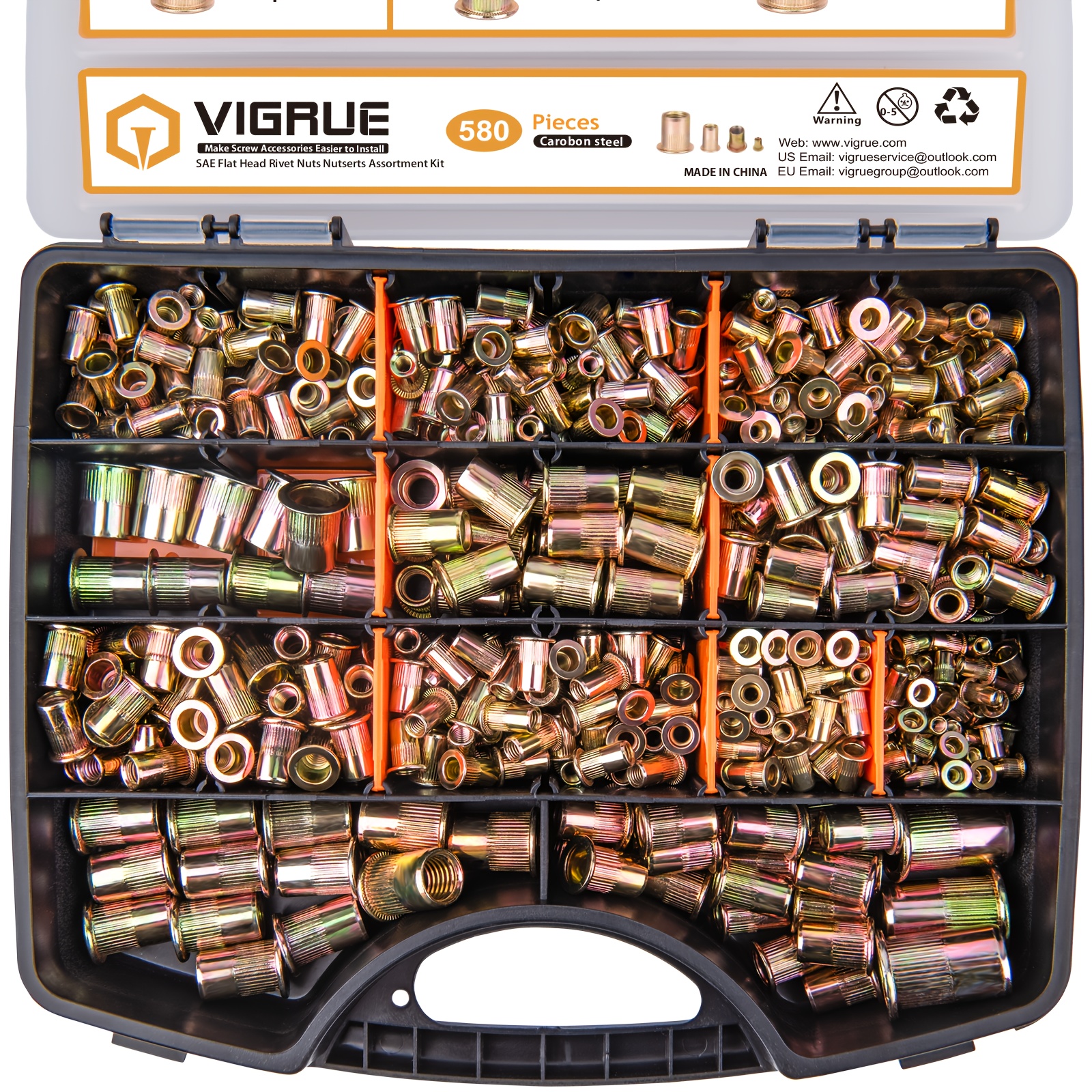 

Vigrue 580pcs Sae & Kit Portable , 6-32#8-32#10-24 1/4"-20 5/16"-18 3/8"-16 M3 M4 M5 M6 M8 M10 M12 Nutserts Kit Assort