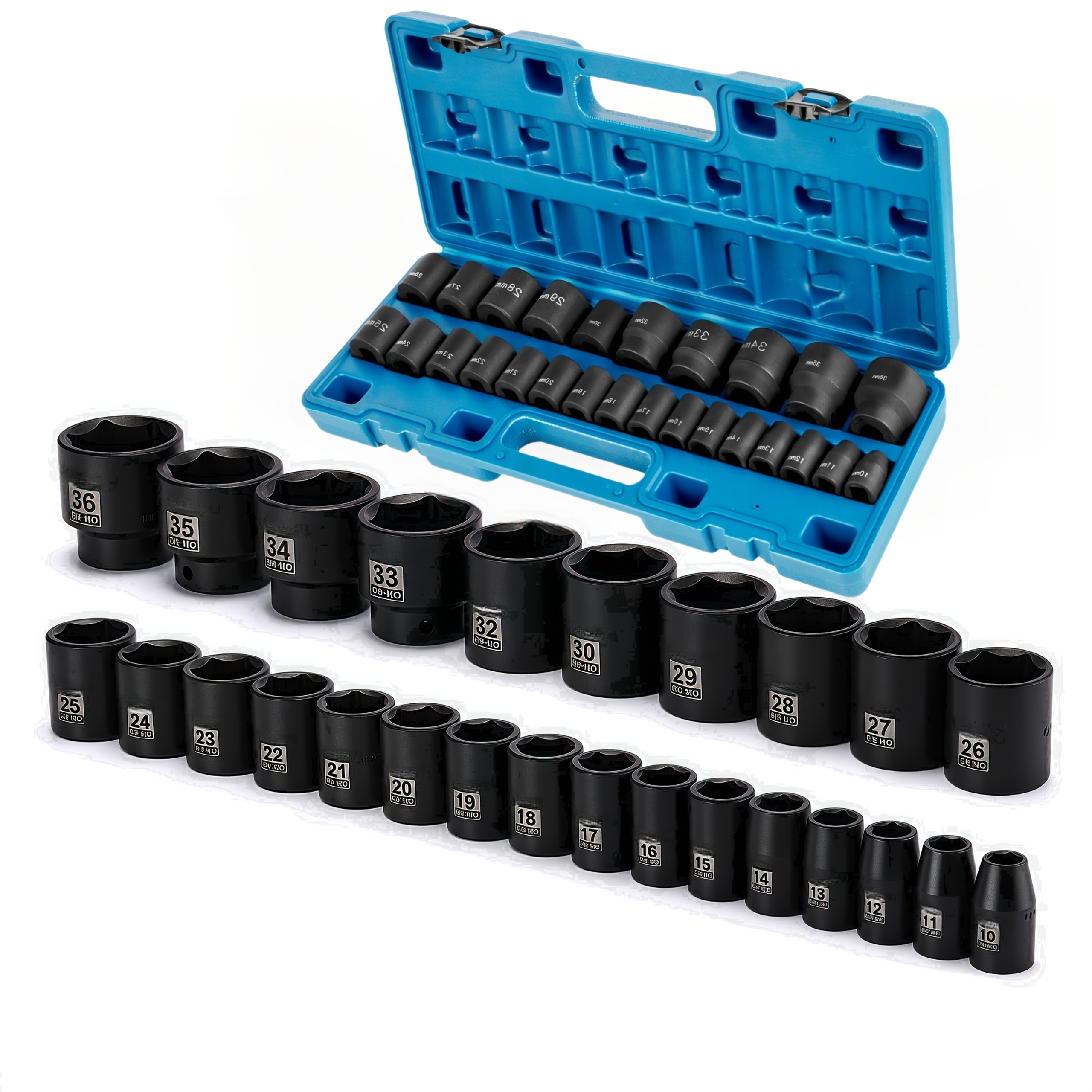 E-shop Schlagschlüsselsatz: 26-teilig, 1/2" Antrieb - CR-Mo Material, 6-Punkt- und Flachstecknüsse, Metrische Größen 10mm - 36mm, Robuste Konstruktion,